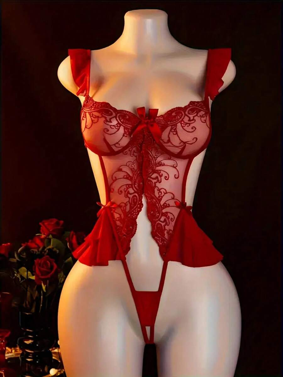 性感内衣，蕾丝镂空设计，镂空连体裤，女士连体裤和性感塑身衣 - 紅色 - 查看 1