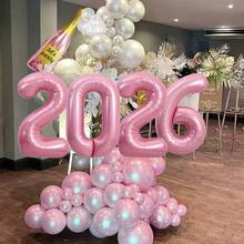 115/4/2件套白色和粉色新年派对气球装饰套装，包含32英寸粉色“2026”数字气球和香槟色气球、珠光白色和粉色拍照道具、气球花环和金属流苏帘。适用于2026年新年庆祝活动、室内/室外背景装饰、派对装饰。 - 彩色 - 查看 5