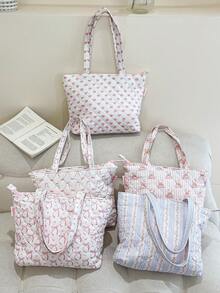 1pc Pink Bow Floral Elegant Casual Quilted One Shoulder Tote Bag, Large Capacity Shopping Bag, Suitable For Work Commute, Travel And Vacation Essentials, Makeup Cosmetic Organizer Bag, Can Hold Phone, Wallet, Sanitary Napkins, Keys, Notebook, Wired Earphones, Earbuds, Charger, Lipstick, Perfume, Skincare Products, Holiday Gift, Friend Gift - Multicolor - View 3