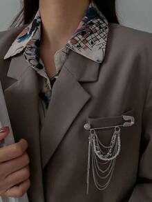 1pc Silver Pearl Tassel Brooch, Fashionable Accessory Lapel Pin For Women Suit Jacket - 彩色 - 查看 2