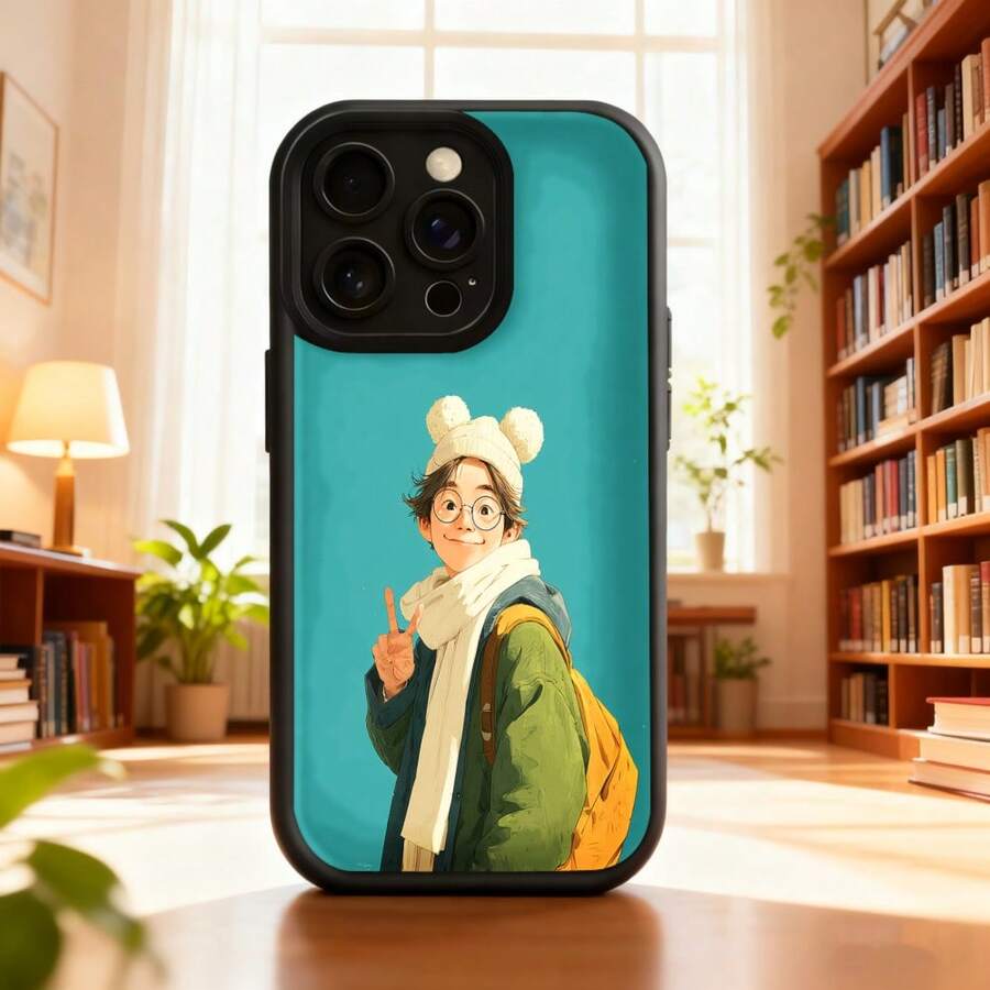 Cubierta de teléfono con diseño de dibujos animados para iPhone color turquesa con estampado de joven con gorro de oso y mochila estilo anime para uso diario en biblioteca o estudio Aplicable a teléfonos Apple y Galaxy. - Burdeos - Ver 1