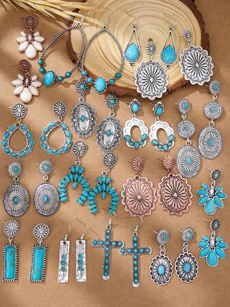 MONLOTTI Western Retro Exaggerated Earrings Set Multi-Element Combination, Various Styles, Easy To Match And Wear For All Occasions, Water Drop Turquoise, Lace Oval Turquoise, Cross, Long Turquoise, Large Water Drop, Totem, Flower Water Drop Turquoise Various Styles Randomly Dispatched, Bringing A Different Experience And Surprise To Shopping, Ladies' Earrings Set, Dangle Earrings