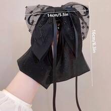 Large Chiffon Silk Hair Bow For Women Mesh Big Bows Hair Clips With Pearls Crystal Tulle Hair Barrettes Long Tail Bowknot Hair Accessories (Black Beads)BlackBeads - 黑珠 - 查看 6