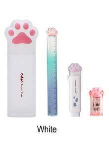 4pcs Cute Cat Paw Stationery Set - Transparent PVC Pen Holder, Heart-Shaped Eraser, Manual Pencil Sharpener And Ruler, Pink & White Color - Perfect Gift For Students, Cat-Themed Accessories, Pencil Case, Pencil Bag, Backpack - Sets - View 12