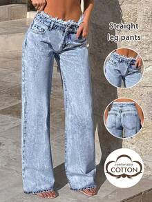 时尚优雅精致口袋纽扣纯色裤子，适合春、夏、秋、冬的休闲日常穿着长裤 - 藍色 - 查看 2