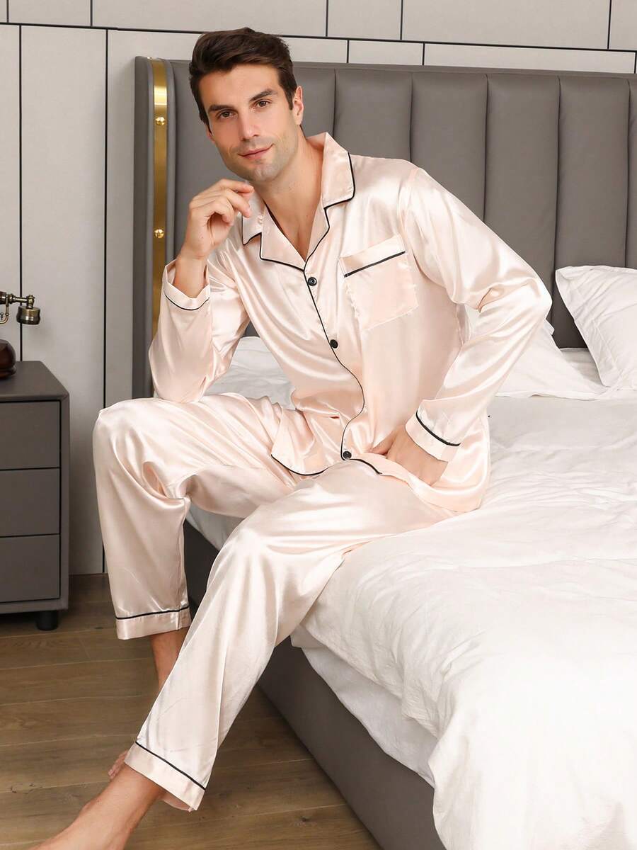 男士睡衣家居服套装,长袖衬衫和长裤,休闲纯色纽扣上衣,真丝睡衣两件套,适合所有季节,冬季服装 - 香檳色 - 查看 1