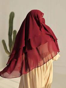 1 pieza Khimar musulmán de mujer de 3 capas de gasa con velo facial asimétrico, unicolor, de moda, elegante, adecuado para el uso diario y la oración musulmana - Burdeos - Ver 4