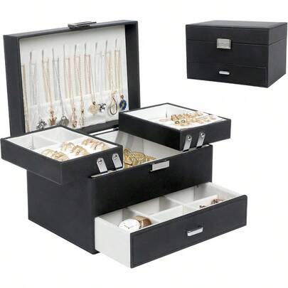 BDZBREN Luxury Travel Jewelry Organizer3Layer Velvet Storage Box With 50+ Slots PU Leather Waterproof Case For Necklaces Rings Earrings Gift Ready (Black)
