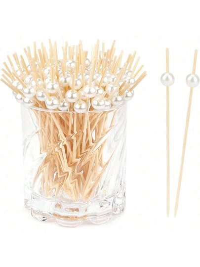 50/100支闪亮白色鸡尾酒签，珍珠装饰食品签，创意竹签，雏菊主题食品签，甜点水果叉，牙签，花签，适用于饮料、甜点、开胃菜、水果和糕点装饰，派对、婚礼，迷你白色食品签