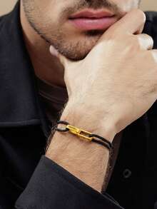 Personalized Interlocking Bracelet For Men, Customized Family Surname Bracelet, Dad Bracelet, Adjustable Bracelet, Father's Day Gift - Gold-style 2 - View 2