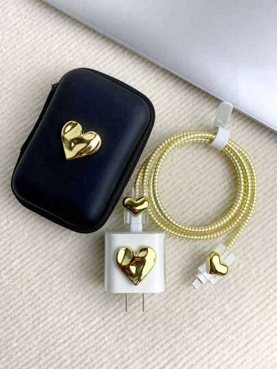 6 件/套 3d 心形設計充電器保護套、充電器電纜整理袋、數據線