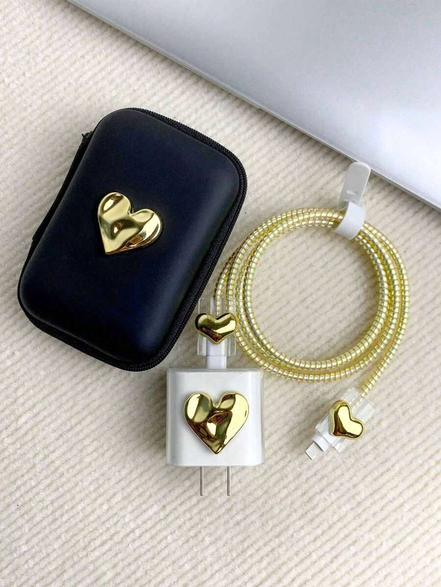 6 件/套 3d 心形設計充電器保護套、充電器電纜整理袋、數據線 - 金色 - 查看 1