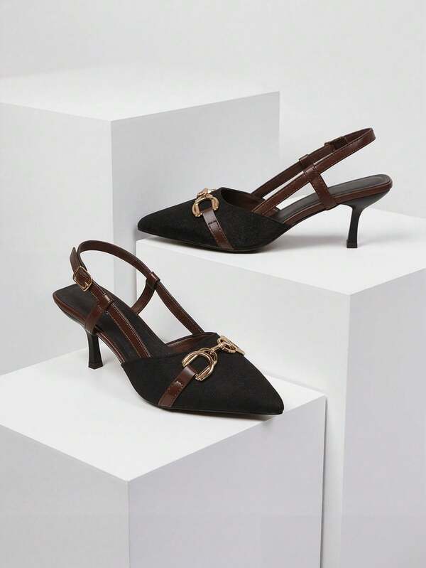 Zapatos de tacón alto con punta puntiaguda y hebilla para mujer, con bordado floral retro y vintage y correas traseras