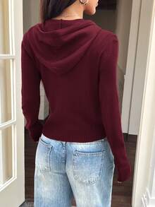 Y2K休闲街头风通勤纯色拉链侧袋连帽开衫外套，女款，秋冬返校季 - 酒紅色 - 查看 2