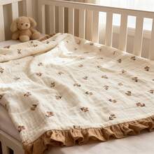 1pc Printed Double-Layer Crinkle Blanket, Newborn Baby Ruffled Edge Swaddle Wrap Quilt - Multicolor - View 5