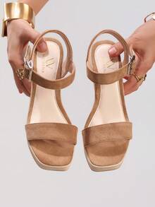 厚底凉鞋，休闲度假露趾优雅高跟鞋，防水坡跟拖鞋，日常时尚麂皮女鞋 - 卡其色 - 查看 6