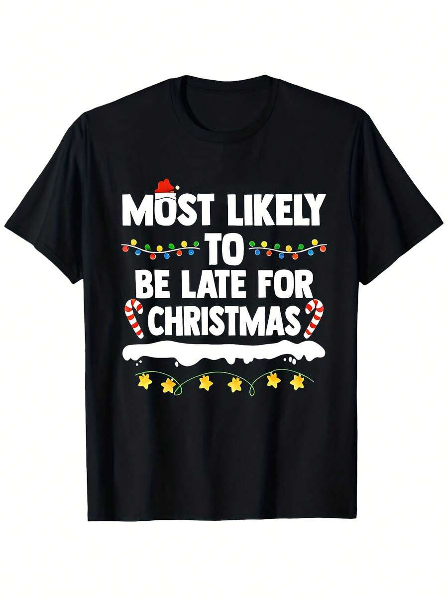 Camisetas familiares divertidas de Navidad para los que llegan tarde - Más propensos a llegar tarde a la fiesta de Navidad - Camiseta de algodón 100% pesada - Negra con texto blanco - Tallas S-2XL - Regalos divertidos de Navidad para hombres, mujeres, parejas - Atuendos de fiesta - Casual y de uso diario - Dicho festivo con copos de nieve y bastones de caramelo - Cuello redondo de ajuste relajado - Lavable a máquina - Perfecto para reuniones y regalos de Navidad - Negro - Ver 1