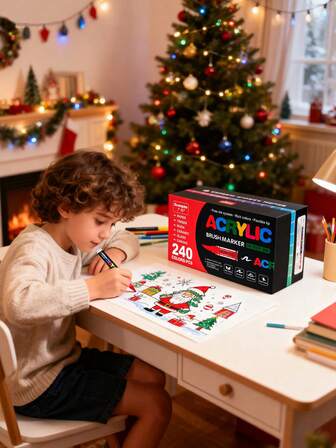 一套240色的直涂式软头丙烯马克笔，适合学生和艺术专业人士在鞋子和T恤上进行DIY手绘。这些防水马克笔也可用于人体彩绘、涂鸦着色，是令人愉悦的圣诞礼物。