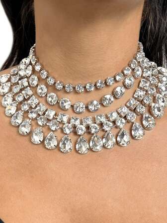 Elegant Sparkling Crystal Necklace, Luxurious Jewelry Accessory For Formal Dresses, Parties And Galas