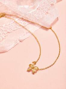 Hatastic 蝴蝶结吊坠项链，休闲简约女士吊坠项链，圣诞礼物 - 金黃色 - 查看 1