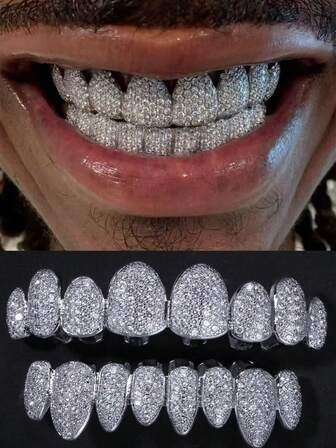 1 Set Asimétrico de 8 Dientes de Metal con Circonita, Grillz de Circonita Completa de Estilo Hip Hop, Accesorio para Fiestas y Festivales de Música, Regalo de Navidad y Vacaciones, Unisex