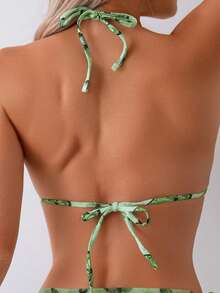 蝴蝶印花可爱系带露背沙滩泳衣套装，适合度假夏季穿着 - 綠色 - 查看 2