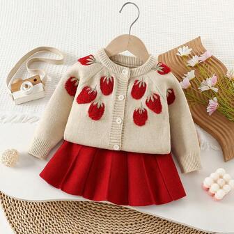 WUHUANG YIYI 2pcs Girls Cute Solid Color Handmade Embroidered 3D Strawberry Design Cardigan And Skirt Set, Suitable For Daily Outings In Autumn/Winter