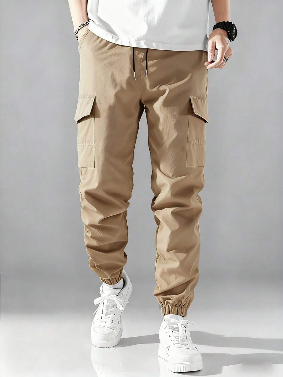 Quần nam, quần cargo nhiều túi, màu trơn, kiểu dáng tối giản, nhẹ, có dây rút ở eo, quần casual thời trang, quần dài đi bộ đường dài ngoài trời bằng polyester kiểu sinh viên. - Màu Khaki - Xem 1