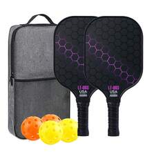 玻璃纤维匹克球拍套装，包含2支球拍、2个40孔匹克球、2个26孔匹克球和1个黑色球包。装备齐全，包含球、球包和配件。这款玻璃纤维石墨匹克球拍套装适合男士、女士、儿童和成人使用。球拍可任选。