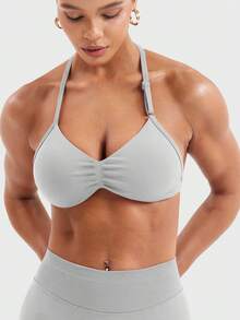 YEOREO SoftHue Impact Strappy Halter Bra For Sports Women Workout Padded Gym Yoga Bra Y2K - Cơm lông vũ - Xem 6