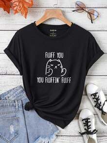 Women's Graphic T-Shirt With Cartoon Print And Slogans - Negro - Ver 5