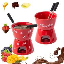 1set, Chocolate Fondue Pot Set With 2 Forks,Ceramic Butter Warmers Set For Chocolate Butter Cheese & Desserts, Ceramic Fondue Pot Set For Date Nights Birthdays Anniversary Wedding, Ideal Gift For Wife, Mom - Multicolor - View 1