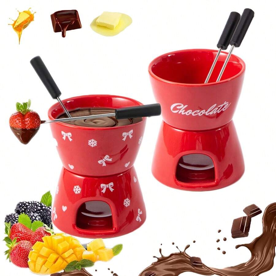 1set, Chocolate Fondue Pot Set With 2 Forks,Ceramic Butter Warmers Set For Chocolate Butter Cheese & Desserts, Ceramic Fondue Pot Set For Date Nights Birthdays Anniversary Wedding, Ideal Gift For Wife, Mom - Multicolor - View 1