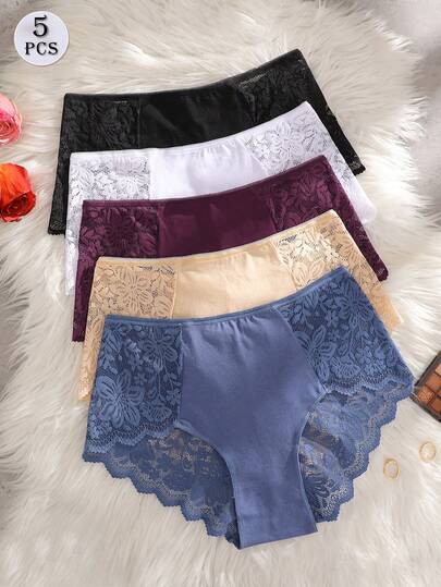 5件套浪漫优雅女士内衣，蕾丝花边镂空性感中腰内裤，适合日常穿着
