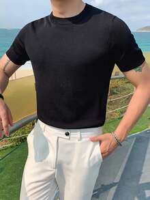 男士休闲纯色短袖套头针织衫，春夏款 - 黑色 - 查看 4
