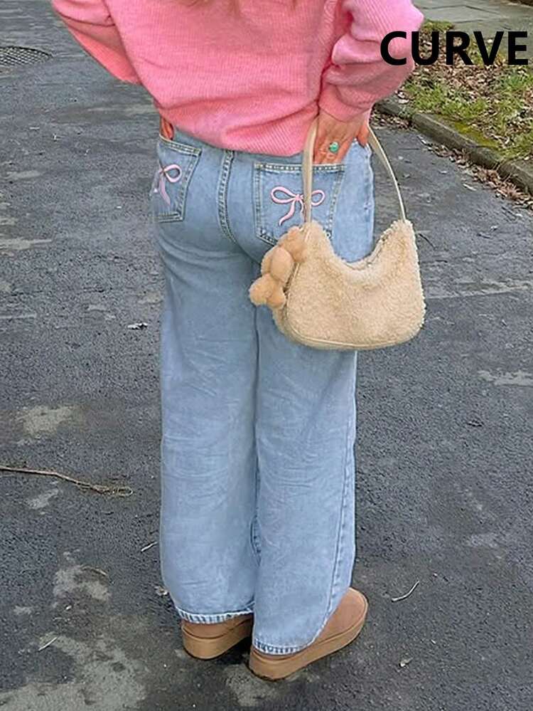 时尚欧美风大码女式休闲通勤百搭水洗直筒牛仔裤，舒适百搭 - 淺色水洗藍 - 查看 3