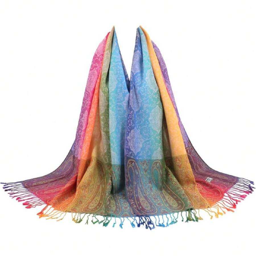 Colorful Pasina Scarf And Shawls Soft Rave Wraps Jacquard Silk Satin Rainbow Scarf With Tassels Scarves,27471465 - Purple - View 1