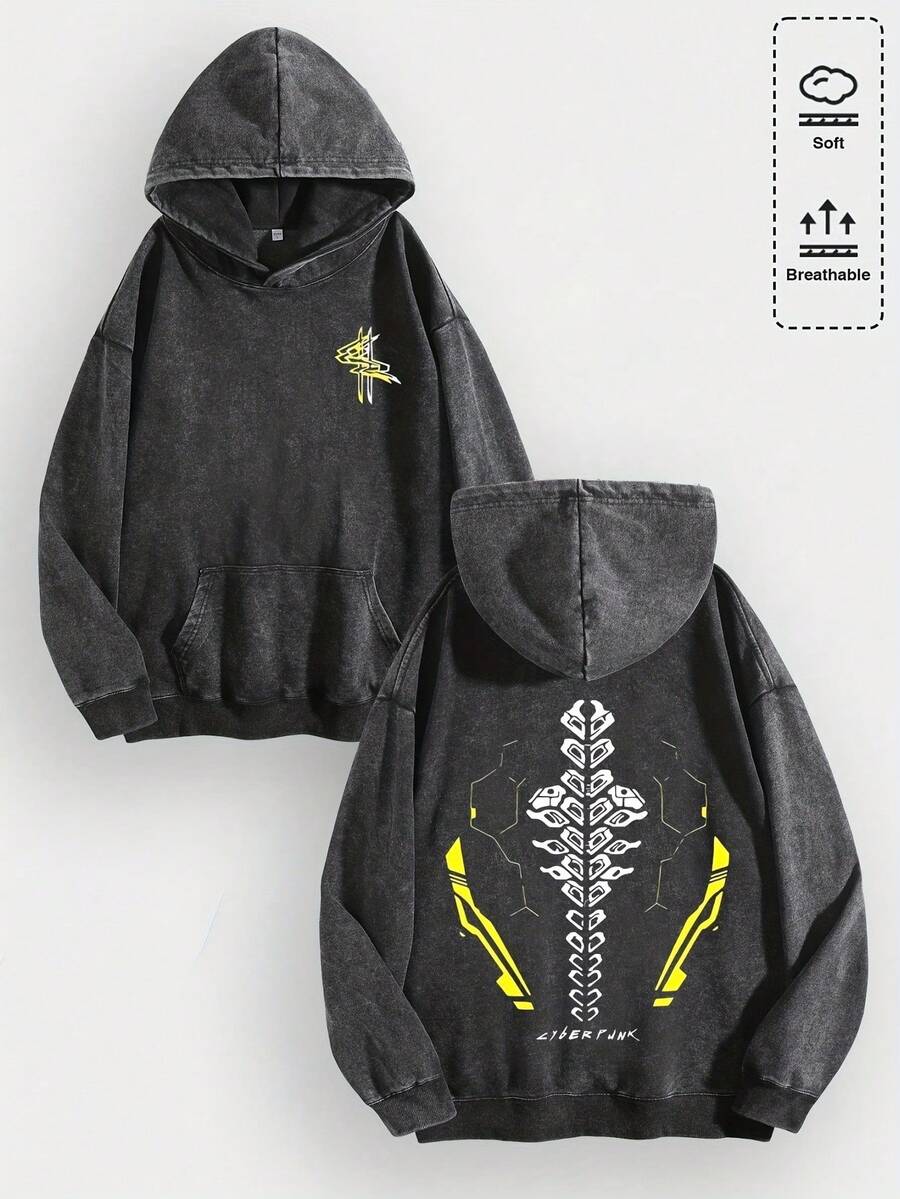 EWH Men Y2K Cyberpunk Edgerunners Tech-Spine Graphic Hoodie, 400gsm Soft Breathable Unisex Hoodies For Streetwear & Cyberpunk Fans Gifts 010-AB - 黑色 - 查看 1