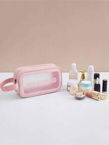 1pc Travel Storage Bag PVC Portable Pouch Letter Graphic Print, Waterproof Fabric Storing Clothes, Accessories, Toiletries And Travel Essentials Travel Storage Bag,Makeup Bag,Cosmetic Bag,Vacation Organizer,Large Capacity Makeup Organizer Makeup, Lipstick, Brush, Skincare, Mobile Phone, Coin, Small Items, Home,,Vacation And Festival Halloween Multifunctional Use,Boho Vibes,Holiday Beach, Bathroom, Bedroom, Large Capacity - 黑色 - 查看 6