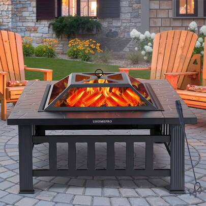 32 Outdoor Fire Pit Table Wood Burning/ Lid, Poker, BBQ Net, Tray, Black
