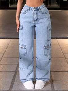 Pantalones vaqueros cargo para mujer, azul claro, jeans casuales de talle alto, corte wide-leg y con múltiples bolsillos, prenda versátil y a la moda - Lavado ligero - Ver 1