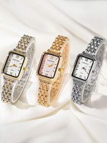 1pc Classic Minimalist Square Bicolor Gold & Silver Rhinestone Women's Watch, Suitable For Daily, Date, Back To School, Party, Birthday Gift