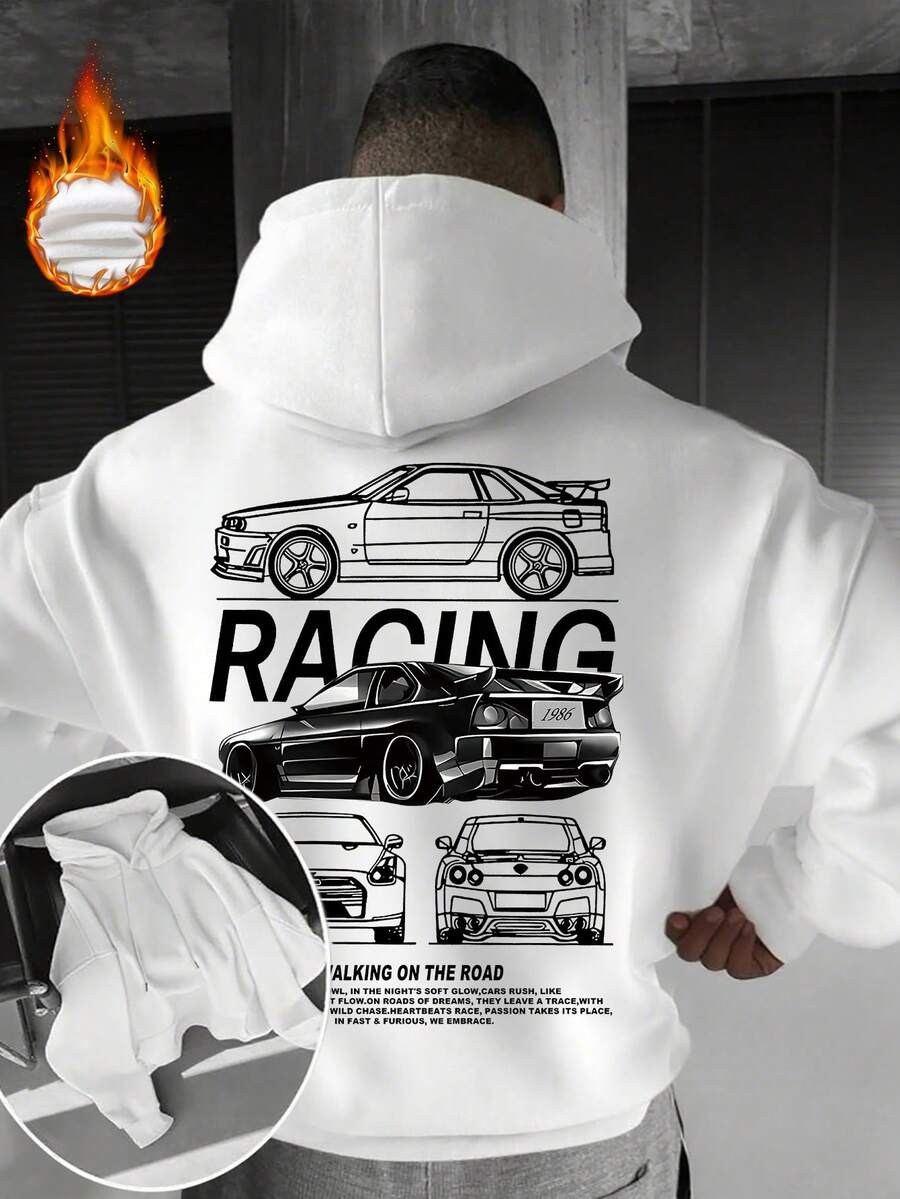 Krometka 男士秋冬赛车文化系列 | 黑色连帽衫 | 汽车爱好者专属 - 白色 - 查看 1