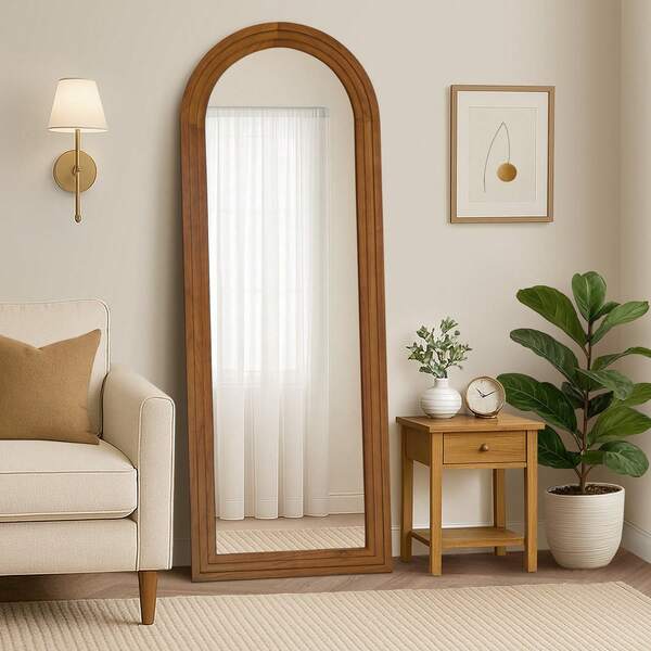 SUN YEE Full Length Arch Mirror 165x60cm Brown Wood Wall Mounted Home Decor