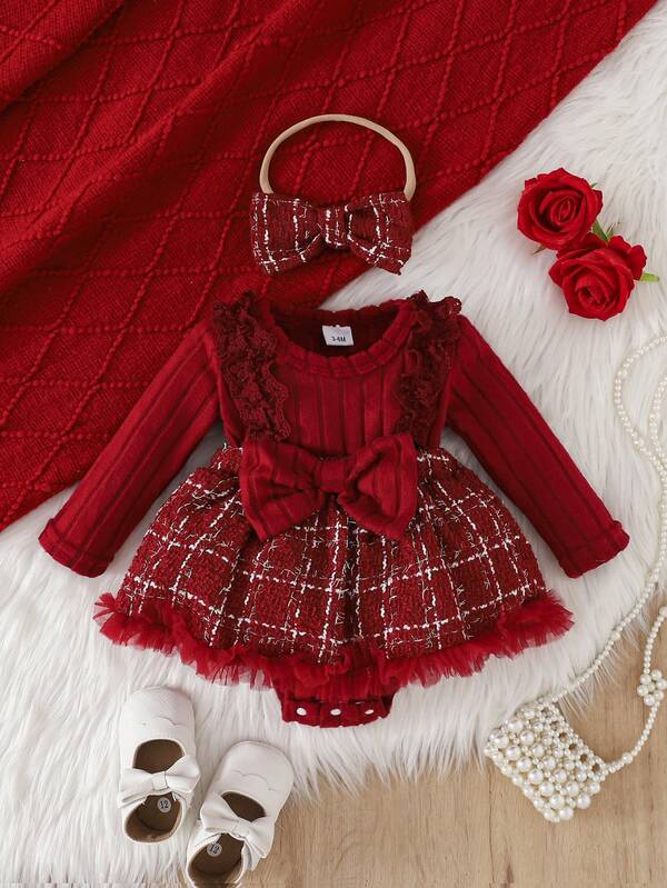 1pc Wine Red Woven Long Sleeve Bow Tie Mesh Hem Dress