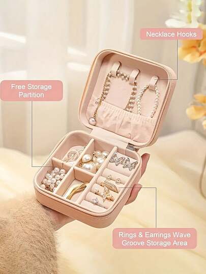 1 件紧凑型珠宝盒，小型 PU 皮革珠宝收纳盒，女士礼物，简易旅行和家居珠宝收纳盒，便携式拉链袋，粉色旅行必需品，耳环、项链、戒指、旅行配件珠宝盒