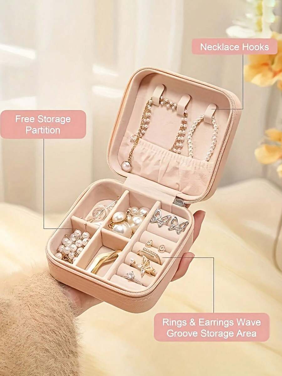 1 件紧凑型珠宝盒，小型 PU 皮革珠宝收纳盒，女士礼物，简易旅行和家居珠宝收纳盒，便携式拉链袋，粉色旅行必需品，耳环、项链、戒指、旅行配件珠宝盒