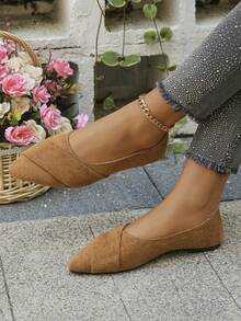 大码 35-45 码女士尖头米色平底鞋，新款秋季户外日常乐福鞋，棕色软底工作驾驶莫卡辛平底鞋 - 棕色絨面橫紋 - 查看 3