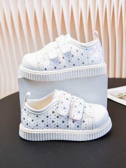1 Pair Infant/Toddler New White Casual Sneakers, High-Quality PU 3D Shiny Heart Print, Dual Hook And Loop Closure For Easy On/Off, Anti-Slip Thick Sole, Suitable For 1-8 Years Old Boys/Girls, All Seasons, Daily Wear, Parties, Travel