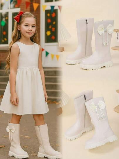 1双女童加大码白色经典靴，柔软PU材质，侧边流苏珠饰蝴蝶结设计，圆头厚底，保暖内里，温暖时尚，适合休闲、户外、派对、秋冬季穿着。